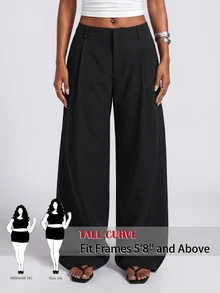 SHEIN Tall CURVE 大尺碼女款純色口袋百褶寬腿鬆身長褲 - 黑色 - 查看 1