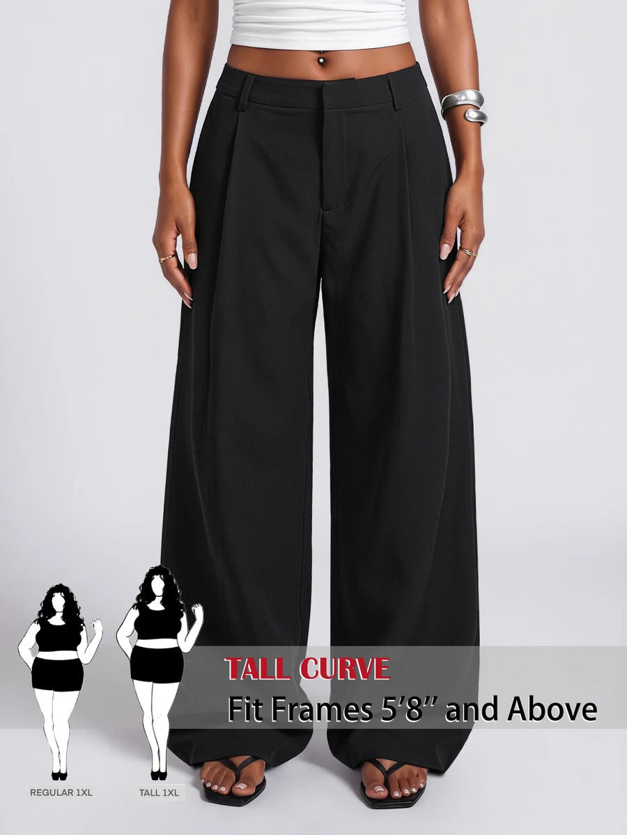SHEIN Tall CURVE 大尺碼女款純色口袋百褶寬腿鬆身長褲 - 黑色 - 查看 1