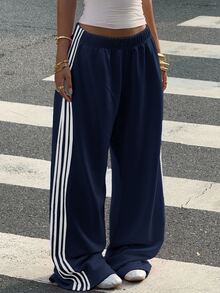Muchica 女款棉混紡海軍藍針織寬腿休閒運動 Y2K 運動褲，適合健身與夏季穿著 - 藏蓝色 - 查看 5