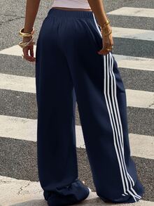 Muchica 女款棉混紡海軍藍針織寬腿休閒運動 Y2K 運動褲，適合健身與夏季穿著 - 藏蓝色 - 查看 2