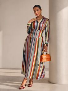 Structelle Gaun Maxi Bergaris Warna-warni dengan Leher V Asimetris, Busana Liburan Elegan, Cocok untuk Musim Semi dan Musim Gugur - MultiWarna - View 6