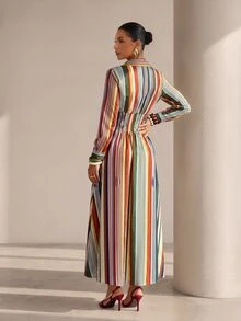 Structelle Gaun Maxi Bergaris Warna-warni dengan Leher V Asimetris, Busana Liburan Elegan, Cocok untuk Musim Semi dan Musim Gugur - MultiWarna - View 2