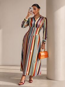 Structelle Gaun Maxi Bergaris Warna-warni dengan Leher V Asimetris, Busana Liburan Elegan, Cocok untuk Musim Semi dan Musim Gugur - MultiWarna - View 3