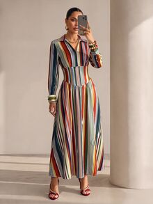 Structelle Gaun Maxi Bergaris Warna-warni dengan Leher V Asimetris, Busana Liburan Elegan, Cocok untuk Musim Semi dan Musim Gugur - MultiWarna - View 7