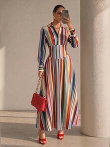 Structelle Gaun Maxi Bergaris Warna-warni dengan Leher V Asimetris, Busana Liburan Elegan, Cocok untuk Musim Semi dan Musim Gugur - MultiWarna - View 1