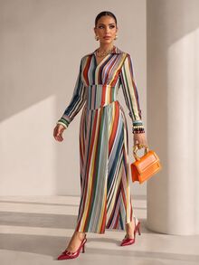 Structelle Gaun Maxi Bergaris Warna-warni dengan Leher V Asimetris, Busana Liburan Elegan, Cocok untuk Musim Semi dan Musim Gugur - MultiWarna - View 5