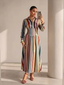 Structelle Gaun Maxi Bergaris Warna-warni dengan Leher V Asimetris, Busana Liburan Elegan, Cocok untuk Musim Semi dan Musim Gugur - MultiWarna - View 8
