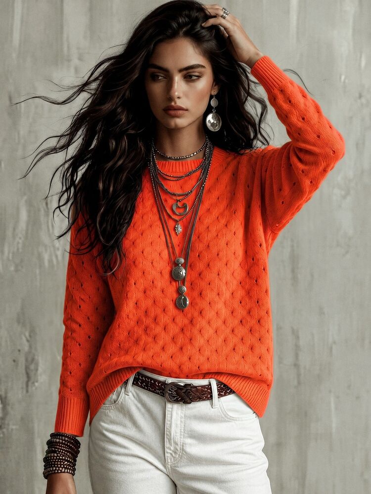 Calvaya Solid Popcorn Knit Drop Shoulder Sweater,Long Sleeve Tops Knit Pullover Fall Winter Sweater - Orange - View 1