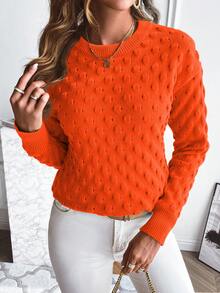 Calvaya Solid Popcorn Knit Drop Shoulder Sweater,Long Sleeve Tops Knit Pullover Fall Winter Sweater - Orange - View 4