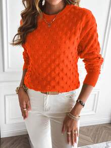 Calvaya Solid Popcorn Knit Drop Shoulder Sweater,Long Sleeve Tops Knit Pullover Fall Winter Sweater - Orange - View 7