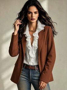 Calvaya Flap Detail Roll Tab Sleeve Blazer Fall Cloth For Women - Rust Brown - View 1