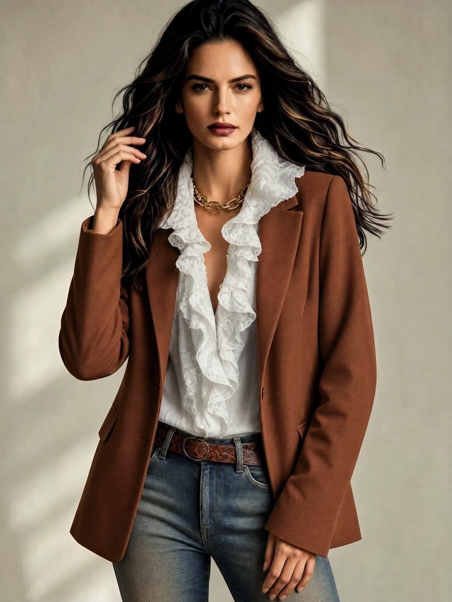 Calvaya Flap Detail Roll Tab Sleeve Blazer Fall Cloth For Women - Rust Brown - View 1