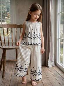 SHEIN Vintaside Kids 女童夏季黑白优雅竖条纹花卉刺绣无袖上衣和阔腿裤套装，适合日常外出、休闲穿着、上学、聚会和拍照。 - 彩色 - 查看 5