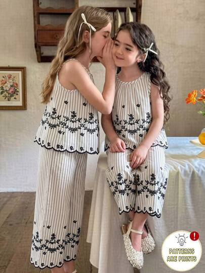 SHEIN Vintaside Kids 女童夏季黑白优雅竖条纹花卉刺绣无袖上衣和阔腿裤套装，适合日常外出、休闲穿着、上学、聚会和拍照。
