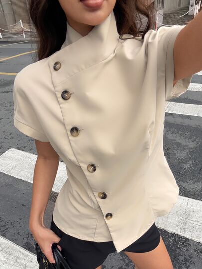 Muchica Women's Khaki Asymmetrical Button Up Blouse Elegant Stand Collar Short Sleeve Fitted Shirt Casual Business Top For Summer, Fall Vacation And Going Out