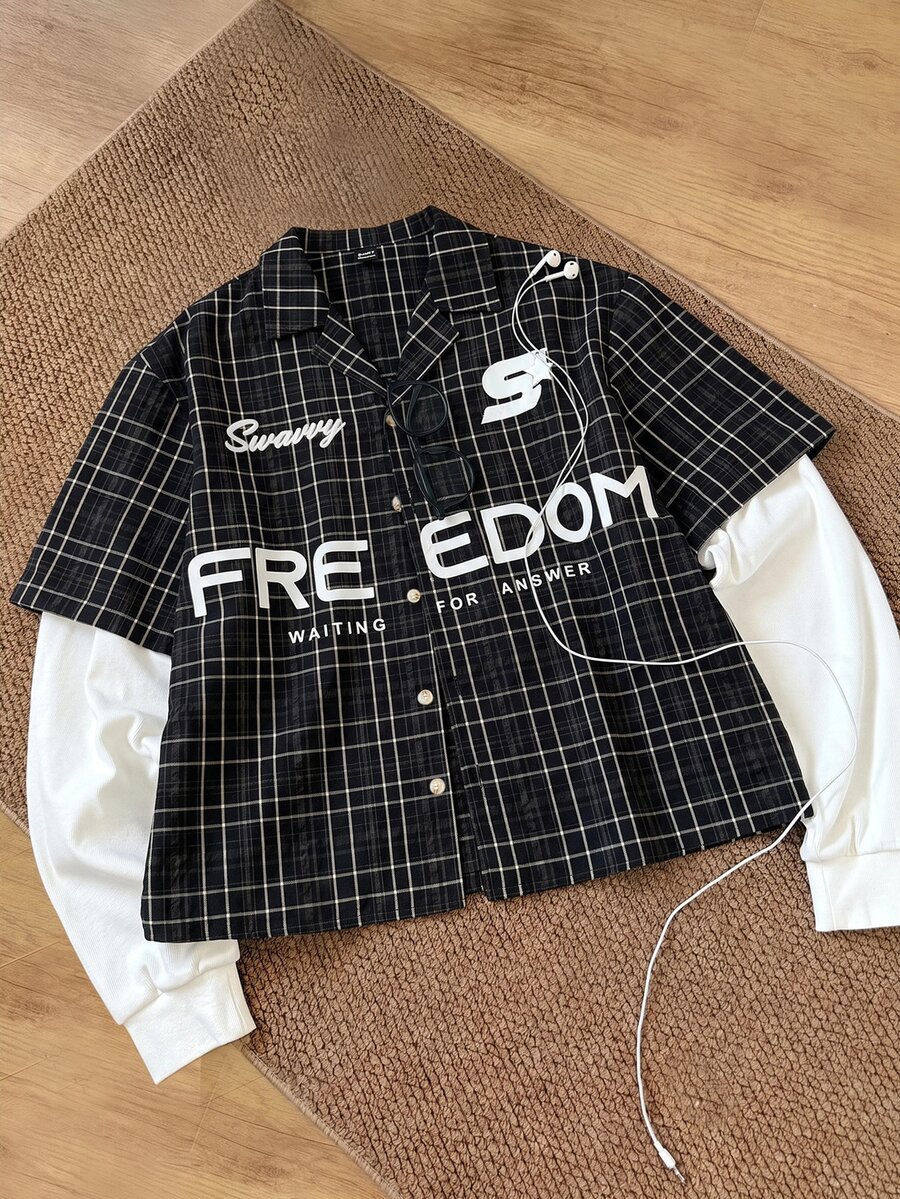 SWAVVY Men's Plaid Long Sleeve 2 In 1 Shirt, Suitable For Autumn - Black - View 1