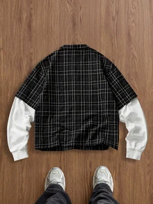 SWAVVY Men's Plaid Long Sleeve 2 In 1 Shirt, Suitable For Autumn - Black - View 2