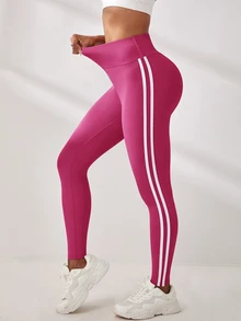 Exploreva Women's High Waist Side Stripe Athletic Soft Leggings Gym Allover White Summer - Hot Pink - View 8