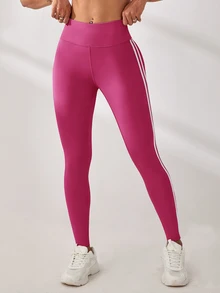 Exploreva Women's High Waist Side Stripe Athletic Soft Leggings Gym Allover White Summer - Hot Pink - View 5