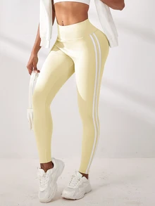 SHEIN Sports Women's Striped Colorblock High Waist Slim Fit Sports Leggings - Yellow - View 5