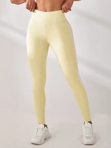 SHEIN Sports Women's Striped Colorblock High Waist Slim Fit Sports Leggings - Yellow - View 7