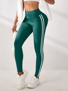 Exploreva Exploreva Minimalist Contrasting Striped Waistband Leggings Yoga Women Pants - Dark Green - View 5