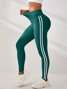 Exploreva Exploreva Minimalist Contrasting Striped Waistband Leggings Yoga Women Pants - Dark Green - View 8