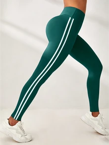 Exploreva Exploreva Minimalist Contrasting Striped Waistband Leggings Yoga Women Pants - Dark Green - View 7