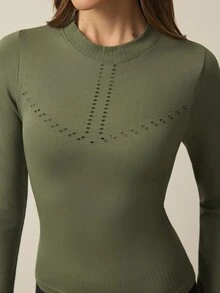 Exploreva Exploreva Solid Color Hollow Out Fitted Outdoor Long Sleeve T-Shirt - Green - View 6