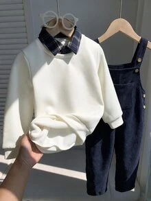 SHEIN 兒童小男孩/小女孩 2件組秋冬休閒時尚運動衫套裝，POLO領運動衫搭配綠色燈芯絨吊帶褲套裝，小男孩秋冬服飾套裝，Squishy - 藏蓝色 - 查看 5