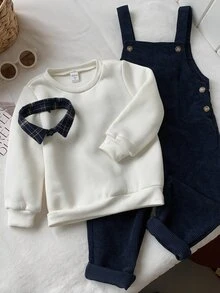 SHEIN 兒童小男孩/小女孩 2件組秋冬休閒時尚運動衫套裝，POLO領運動衫搭配綠色燈芯絨吊帶褲套裝，小男孩秋冬服飾套裝，Squishy - 藏蓝色 - 查看 8