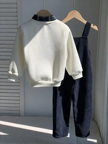 SHEIN 兒童小男孩/小女孩 2件組秋冬休閒時尚運動衫套裝，POLO領運動衫搭配綠色燈芯絨吊帶褲套裝，小男孩秋冬服飾套裝，Squishy - 藏蓝色 - 查看 2