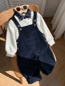 SHEIN 兒童小男孩/小女孩 2件組秋冬休閒時尚運動衫套裝，POLO領運動衫搭配綠色燈芯絨吊帶褲套裝，小男孩秋冬服飾套裝，Squishy - 藏蓝色 - 查看 4
