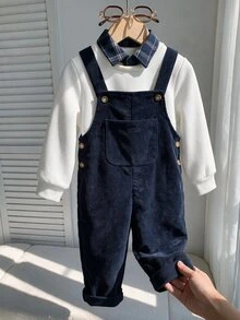 SHEIN 兒童小男孩/小女孩 2件組秋冬休閒時尚運動衫套裝，POLO領運動衫搭配綠色燈芯絨吊帶褲套裝，小男孩秋冬服飾套裝，Squishy - 藏蓝色 - 查看 3