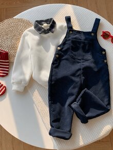SHEIN 兒童小男孩/小女孩 2件組秋冬休閒時尚運動衫套裝，POLO領運動衫搭配綠色燈芯絨吊帶褲套裝，小男孩秋冬服飾套裝，Squishy - 藏蓝色 - 查看 6