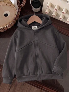 SHEIN Sparklyn 秋冬季青少年女孩連帽拉鍊夾克外套－街頭風、運動衫、長袖、刷毛，秋季服飾 - 深灰色 - 查看 3