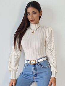 Calvaya Suéter de cuello alto con mangas farol, blusas de manga larga de punto para otoño e invierno - Albaricoque - Ver 9