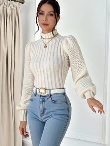 Calvaya Suéter de cuello alto con mangas farol, blusas de manga larga de punto para otoño e invierno - Albaricoque - Ver 8