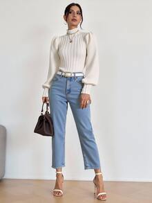 Calvaya Suéter de cuello alto con mangas farol, blusas de manga larga de punto para otoño e invierno - Albaricoque - Ver 2
