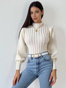 Calvaya Suéter de cuello alto con mangas farol, blusas de manga larga de punto para otoño e invierno - Albaricoque - Ver 6
