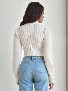 Calvaya Suéter de cuello alto con mangas farol, blusas de manga larga de punto para otoño e invierno - Albaricoque - Ver 3