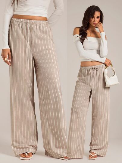 SHEIN Tall Calça Casual Feminina de Cintura Baixa e Perna Reta, Calça Listrada; Adequada para Verão, Exterior, Casual, Férias, Deslocamento, Praia e Estilo de Rua; Adequada para Deslocamento Diário, Encontro, Festa, Casamento, Praia, Cerimônia de Formatura e Outras Ocasiões; Adequada para Todas as Estações (Primavera, Verão, Outono, Inverno); Adequada para Feriados (Natal, Ano Novo, Ação de Graças); Elegante e na Moda
