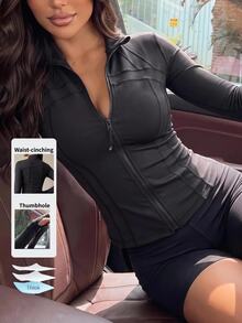 SHEIN Sports Women's Solid Color Zip-Up Casual Versatile Daily Travel Sports Sweatshirt - Black - View 7
