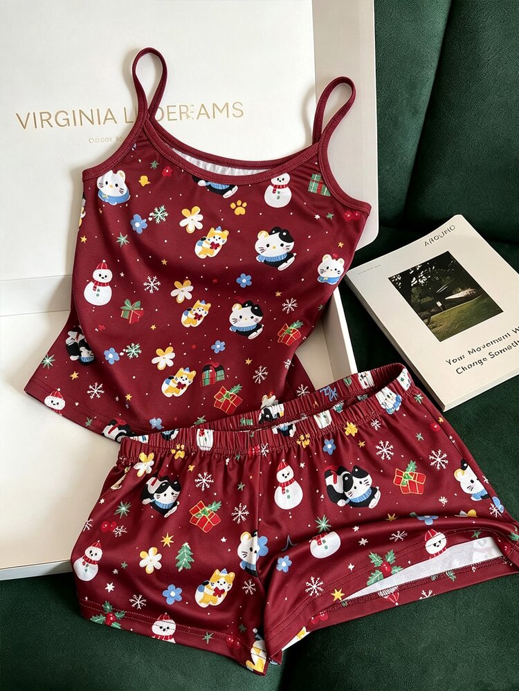 Franclia Setelan Wanita Kasual Lucu untuk Liburan, Atasan Camisole dan Celana Pendek Motif Salju, 2 Potong, Warna Merah Tua, Cocok untuk Musim Panas. - Merah - View 4