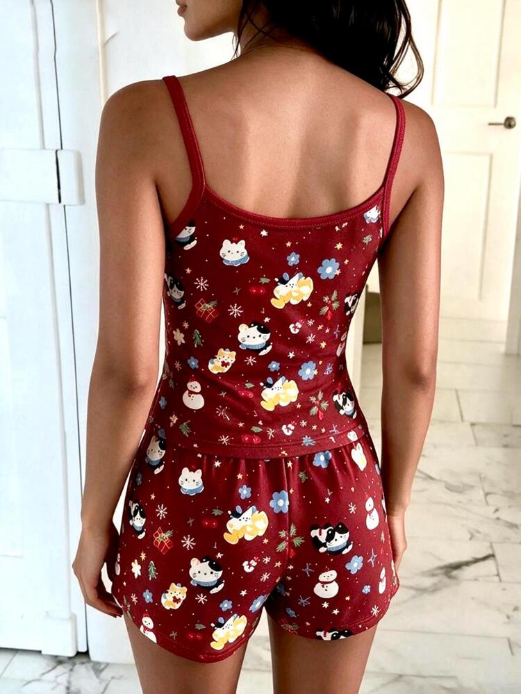 Franclia Setelan Wanita Kasual Lucu untuk Liburan, Atasan Camisole dan Celana Pendek Motif Salju, 2 Potong, Warna Merah Tua, Cocok untuk Musim Panas. - Merah - View 7