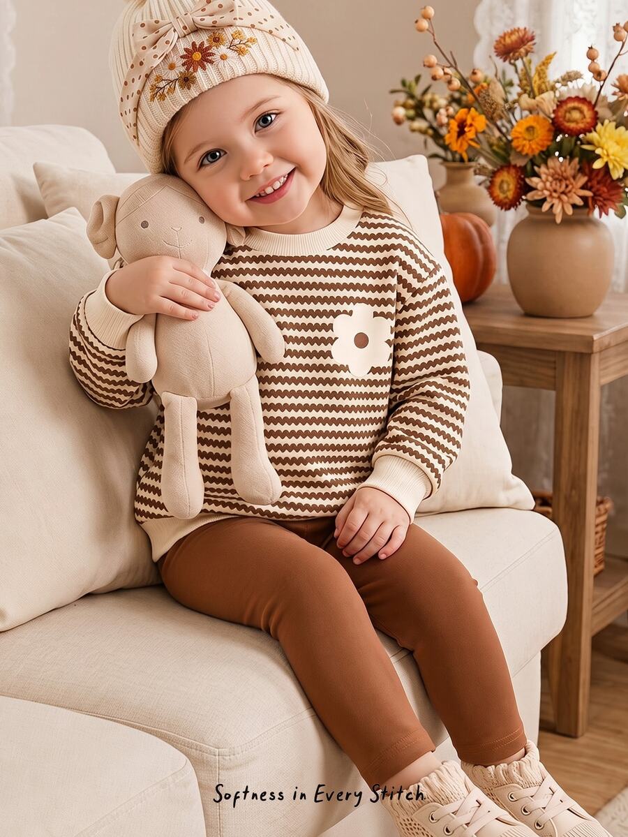 Baby Girl Casual Minimalist Floral Pattern Striped Sweatshirt And Sweatpants Set - Multicolor - View 1