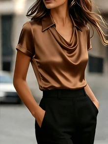 SHEIN Franclia 女款優雅純色緞面垂領抓褶短袖襯衫，適合辦公室、居家、日常穿著 - 咖啡棕 - 查看 3