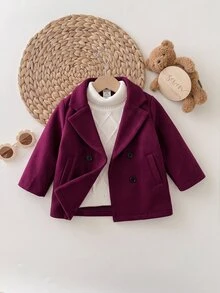 SHEIN Mantel Wol Tebal Dua Sisi Warna Burgundy untuk Bayi Perempuan, Panjang Sedang dengan Kerah, Cocok untuk Musim Dingin - Burgundy - View 3