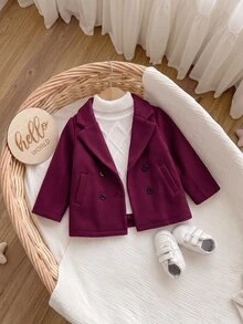 SHEIN Mantel Wol Tebal Dua Sisi Warna Burgundy untuk Bayi Perempuan, Panjang Sedang dengan Kerah, Cocok untuk Musim Dingin - Burgundy - View 6