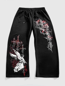 ROMWE Grunge Punk Y3K 赛博符号和圣母玛利亚天使印花女士宽松运动裤 - 黑色 - 查看 5